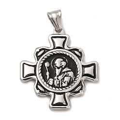 Stainless Steel Color 304 Stainless Steel Religion Big Pendants, Saint Benedict of Nursia Maltese Cross Charms, with Black Enamel, Stainless Steel Color, 40x36x3mm, Hole: 8.5x4mm