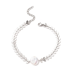 Couleur Acier Inoxydable Bracelet à maillons de perles naturelles avec 304 chaînes d'épis en acier inoxydable pour femme, couleur inox, 7-1/8 pouce (18.2 cm)