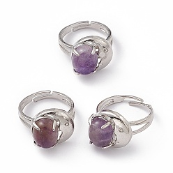 Amethyst Natural Amethyst Oval with Crescent Adjustable Ring, Platinum Brass Jewelry for Women, Cadmium Free & Nickel Free & Lead Free, US Size 7 3/4(17.9mm)