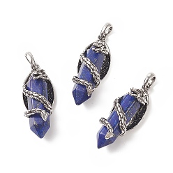 Lapis Lazuli Natural Lapis Lazuli Pointed Pendants, Faceted Bullet Charms with Antique Silver Tone Alloy Dragon Wrapped, 47.5x19x18.5mm, Hole: 7.5x6mm