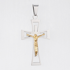 Golden & Stainless Steel Color 304 Stainless Steel Pendants, Large Hole Pendants, For Easter, Crucifix Cross, Golden & Stainless Steel Color, 54x30.5x6mm, Hole: 6x11mm