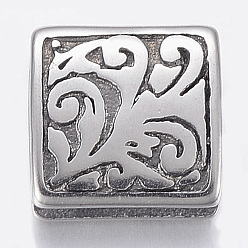 Antique Silver 304 Stainless Steel Slide Charms, Square, Antique Silver, 10x10x4mm, Hole: 2.5x6.5mm