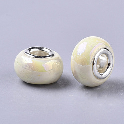 Jaune Clair Perles européennes en résine opaque, Perles avec un grand trou   , imitation porcelaine, en laiton de tonalité de platine noyaux doubles, couleur ab , rondelle, jaune clair, 14x9mm, Trou: 5mm