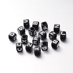 Letter Opaque Acrylic European Large Hole Beads, Horizontal Hole, Letter Cube, Black, Random Mixed Letters, 7x7x7mm, Hole: 4mm, about 2450pcs/500g