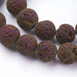 Purple Plated Vacuum Plating Electroplated Natural Lava Rock Beads Strands, Round, Purple Plated, 8~8.5mm, Hole: 1mm, about 48pcs/strand, 15.35 inch(39cm)