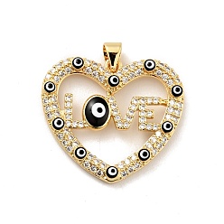 Black Rack Plating Brass Micro Pave Clear Cubic Zirconia Pendants, with Enamel, Cadmium Free & Lead Free, Heart with Evil Eye & Word Love, Real 18K Gold Plated, Black, 24.5x27x3.8mm, Hole: 3.3x3.7mm