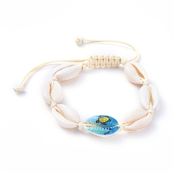 Other Animal Adjustable Printed Cowrie Shell Braided Bead Bracelets, with Korean Waxed Polyester Cord, Sea Turtle Pattern,  Inner Diameter: 2 inch~3-1/4 inch(5~8.3cm)