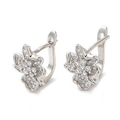 Real Platinum Plated Clear Cubic Zirconia Flower Hoop Earrings, Brass Earrings, Real Platinum Plated, 14x13x12mm