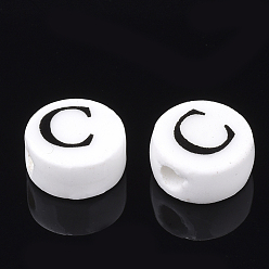 Letter C Handmade Porcelain Beads, Horizontal Hole, Flat Round with Letter, White, Letter.C, 8~8.5x4.5mm, Hole: 2mm