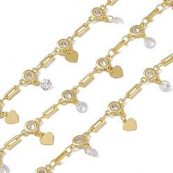 Real 18K Gold Plated Brass Rectangle & Cubic Zirconia Flat Round Link Chains, with Heart Charms, with Spool, Soldered, Long-Lasting Plated, Cadmium Free & Nickel Free & Lead Free, Real 18K Gold Plated, 8.5x6.5x2mm and 6x2x0.5mm