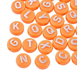Dark Orange Plating Opaque Acrylic Beads, Metal Enlaced, Flat Round with Letter, Dark Orange, 10x6mm, Hole: 1.8mm, about 632pcs/200g