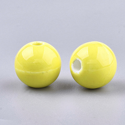 Yellow Handmade Porcelain Beads, Bright Glazed Porcelain, Round, Yellow, 14~14.5x13.5~14mm, Hole: 2.5~3mm