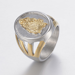 Oro & Acero Inoxidable Color 304 anillos de sello de acero inoxidable para hombres, anillos de dedo de ancho de banda, oval con virgen maría, acero color oro y acero, tamaño de 8~11, 18~21 mm