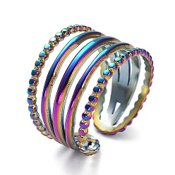Rainbow Color Ion Plating(IP) 304 Stainless Steel Rings, Open Cuff Ring, Hollow Wide Band Ring for Women, Rainbow Color, US Size 7(17.3mm), 7~13.5mm
