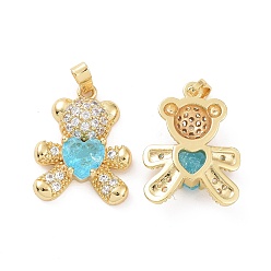 Cyan Real 18K Gold Plated Brass Micro Pave Clear Cubic Zirconia Pendants, Bear Charms, Cyan, 21x16x5mm, Hole: 4.5x2.5mm
