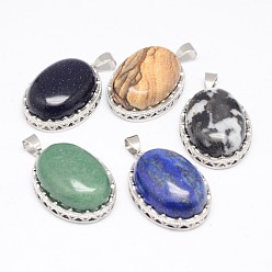 Mixed Stone Natural & Synthetic Mixed Stone Pendants, with Brass Findings, Oval, Platinum, 30x21x10~11mm, Hole: 6x4mm