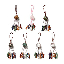 Mixed Stone Natural & Synthetic Gemstone Round Pendant Decorations, Chakra Gemstone Chips Nylon Cord Hanging Ornament, 205mm