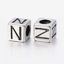 Antique Silver 304 Stainless Steel Large Hole Letter European Beads, Cube with Letter.N, Antique Silver, 8x8x8mm, Hole: 5mm