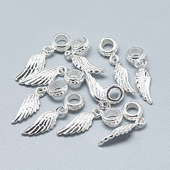 Silver 925 Sterling Silver European Dangle Charms, Large Hole Pendants, Wing, Silver, 27mm, Hole: 4mm, Wing: 18x6.5x3mm