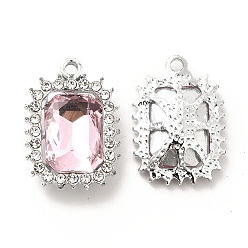 Pink Colgantes de cristal de aleación, colgante de rectángulo de diamantes de imitación de cristal, Platino, rosa, 23.5x16.5x6.5 mm, agujero: 2 mm