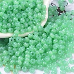 Aguamarina 6/0 cuentas de semillas de vidrio de jade imitación, lustre, teñido, rondo, aguamarina, 4x3 mm, agujero: 1.2 mm, sobre 7500 unidades / libra