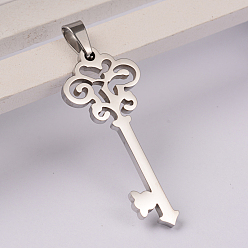 Stainless Steel Color Key 304 Stainless Steel Pendants, Stainless Steel Color, 40x16x2mm, Hole: 7x3mm