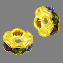 Colorful Brass Rhinestone Spacer Beads, Grade AAA, Wavy Edge, Nickel Free, Golden Metal Color, Rondelle, 6x3mm, Hole: 1mm