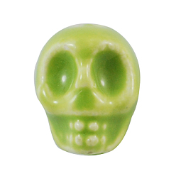 Green Yellow Handmade Porcelain Beads, Halloween Jewelry DIY Material, Skull, Green Yellow, 13x13x11mm, Hole: 2mm