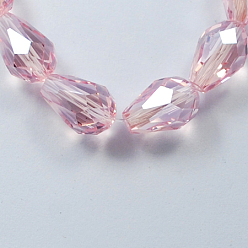 Pink Electroplate Glass Beads Strands, Pearl Luster Plated, Faceted, Drop, Pink, 11x8mm, Hole: 1mm, about 57~59pcs/strand, 26.38~26.77 inch