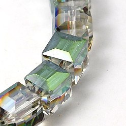 Aqua Electorplated Glass Beads, Rainbow Plated, Faceted, Cube, Aqua, 10~11x10~11x10~11mm, Hole: 1mm