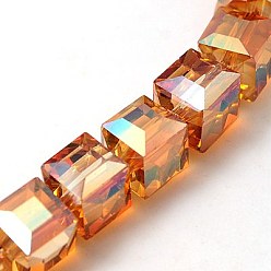 Orange Red Electorplated Glass Beads, Rainbow Plated, Faceted, Cube, Orange Red, 9x9x9mm, Hole: 1mm
