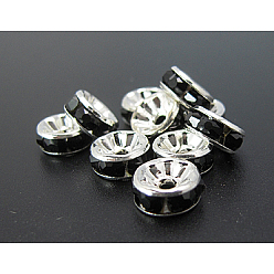 Black Brass Rhinestone Spacer Beads, Grade A, Silver Color Plated, Rondelle, Black, Size: about 8mm in diameter, 3.5mm thick, hole: 2mm