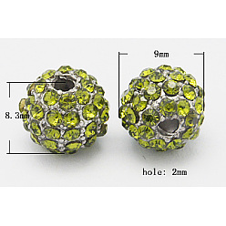 Yellow Green Alloy Beads, with Middle East Rhinestones, Round, Silver, Yellow Green, Size: about 9mm in diameter, 8mm thick, hole: 2mm