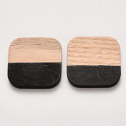 Black Resin & Wood Cabochons, Waxed, Square, Black, 24x24x3~4mm