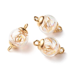 Light Gold Connecteurs de liens de perles de verre soufflé à la main, avec capuchon en plastique et fil de cuivre à l'intérieur, ronde, or et de lumière, 27.5x16mm, Trou: 2.5mm