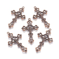 Red Copper Tibetan Style Alloy Pendants, For Easter, Crucifix Cross Pendant, Red Copper, Lead Free and Cadmium Free and Nickel Free, 43.5x26x3mm, Hole: 2mm