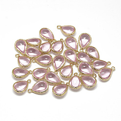 Pink Glass Pendants, with Golden Tone Brass Findings, teardrop, Pink, 18.5x12.5x7mm, Hole: 1.5mm