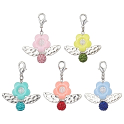 Mixed Color Acrylic Flower Pendant Decoration, with Polymer Clay Rhinestone Beads and Zinc Alloy Lobster Claw Clasps, Mixed Color, 52mm