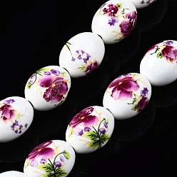 Old Rose Handmade Porcelain Ceramic Beads Strands, Flower Printed, Oval, Old Rose, 17x13mm, Hole: 2.5mm, about 18pcs/strand, 12 inches(30.5cm)
