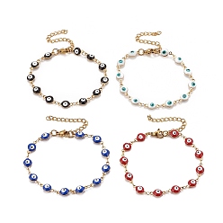Mixed Color Enamel Oval with Evil Eye Link Chains Bracelet, Vacuum Plating 304 Stainless Steel Jewelry for Women, Golden, Mixed Color, 6-1/2 inch(16.5cm)