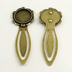 Antique Bronze Iron Bookmark Cabochon Setting, with Alloy Flat Round Tray, Lead Free & Nickel Free & Cadmium Free, Antique Bronze, 79x28x3mm, Tray: 20mm