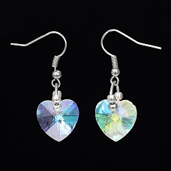 Clear Heart Glass Dangle Earrings, with Silver Plated Iron Beads & Platinum Tone Brass Findings, Clear, 36mm, Pin: 0.8mm