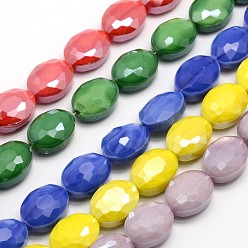 Color mezclado Brillo nacarado hebras de perlas de vidrio chapado, oval con facetas, color mezclado, 16x12x7 mm, agujero: 1 mm, sobre 20 unidades / cadena, 11.8 pulgada