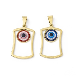 Mixed Color Vacuum Plating 304 Stainless Steel Resin Pendants, Golden, Rectangle Charms with Evil Eye, Mixed Color, 35x21x4mm, Hole: 9x4.5mm