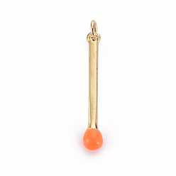 Coral Brass Enamel Pendants, with Jump Ring, Cadmium Free & Nickel Free & Lead Free, Match, Real 16K Gold Plated, Coral, 30x4.5mm, Jump Ring: 5x1mm, 3mm inner diameter