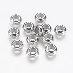 Stainless Steel Color 201 Stainless Steel Beads, with Rubber Inside, Slider Beads, Stopper Beads, Rondelle, Stainless Steel Color, 9x4.5mm, Hole: 2~3mm