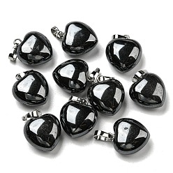 Pierre Noire Pendentifs en pierre noire naturelle, avec les accessoires en laiton de tonalité de platine, charme coeur, 18x15~15.5x6~8mm, Trou: 6x3mm