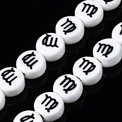 Virgo Handmade Porcelain Ceramic Beads Strands, Printed, Flat Round with Constellation, Virgo, 10~11x5mm, Hole: 2mm, about 30pcs/strand, 11.81 inches(30cm)