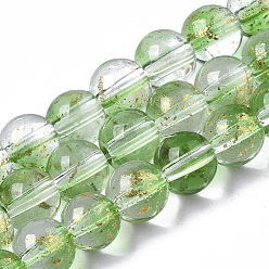 Verde Lima Aerosol pintado hebras de perlas de vidrio transparente, con la hoja de oro, rondo, verde lima, 6~7 mm, agujero: 1.2~1.5 mm, sobre 65~67 unidades / cadena, 14.76 pulgada ~ 15.12 pulgada (37.5~38.4 cm)