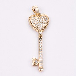 Golden Brass Micro Pave Cubic Zirconia Pendants, Long-Lasting Plated, Key, Golden, 29x10x3mm, Hole: 2x3mm